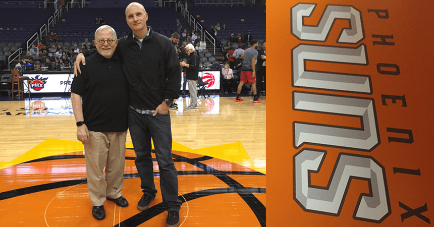  Miami Ad School @ Portfolio Center Director of Opportunities Design Coach Hank Richardson (L) and Tru Filyaw, Creative Director Brand Manager for the Phoenix Suns at center court of Talking Stick Resort Arena.